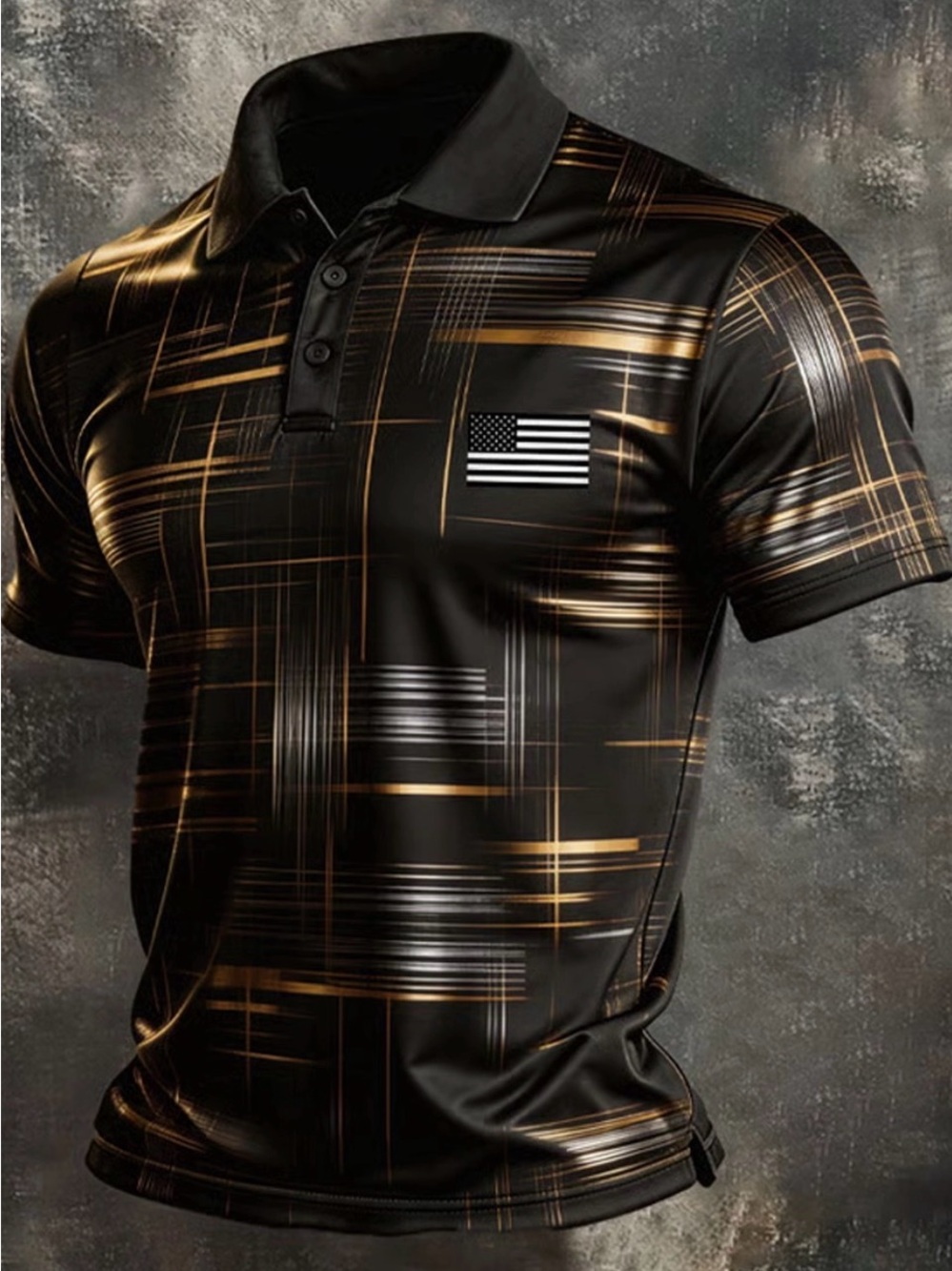 Men's Black & Gold with American Flag Graphic Polo Shirt